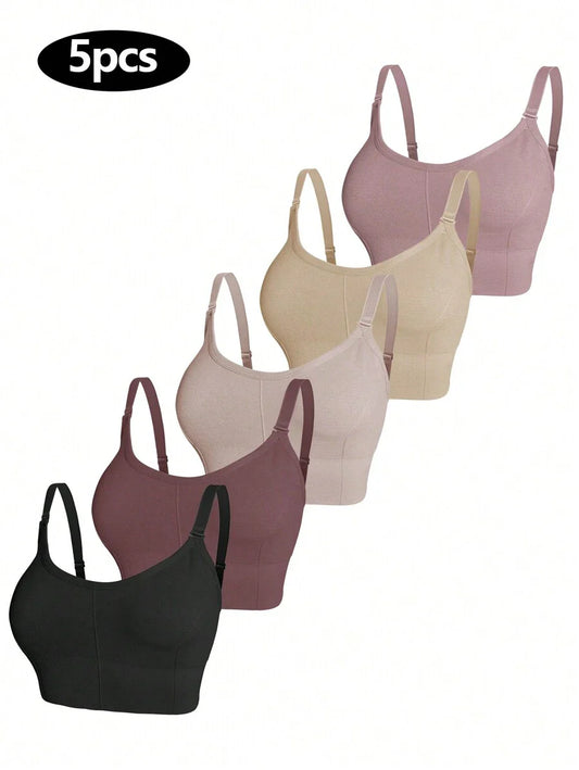 5-Piece Plus Size Non-Wired Comfort Bra Set - Solid Color Soft Everyday Lingerie