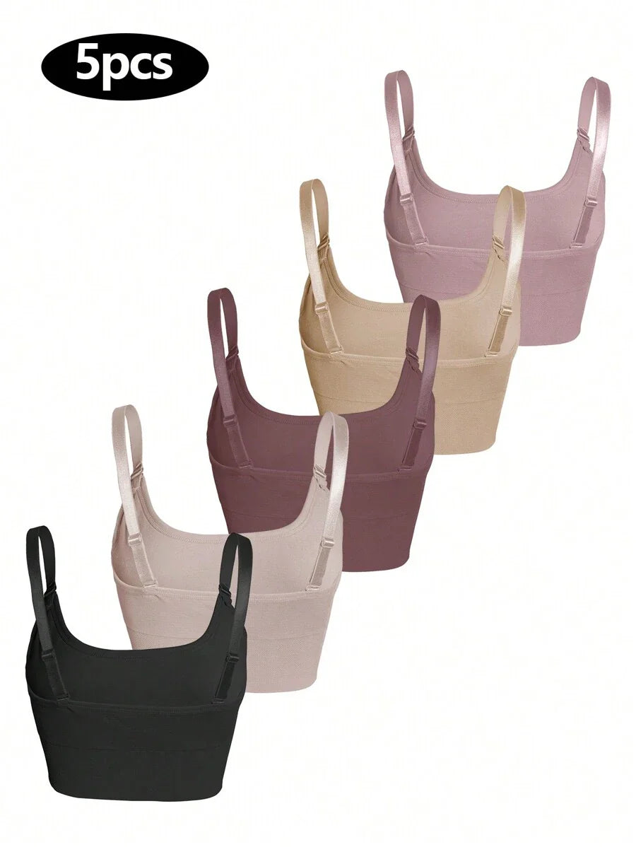 5-Piece Plus Size Non-Wired Comfort Bra Set - Solid Color Soft Everyday Lingerie