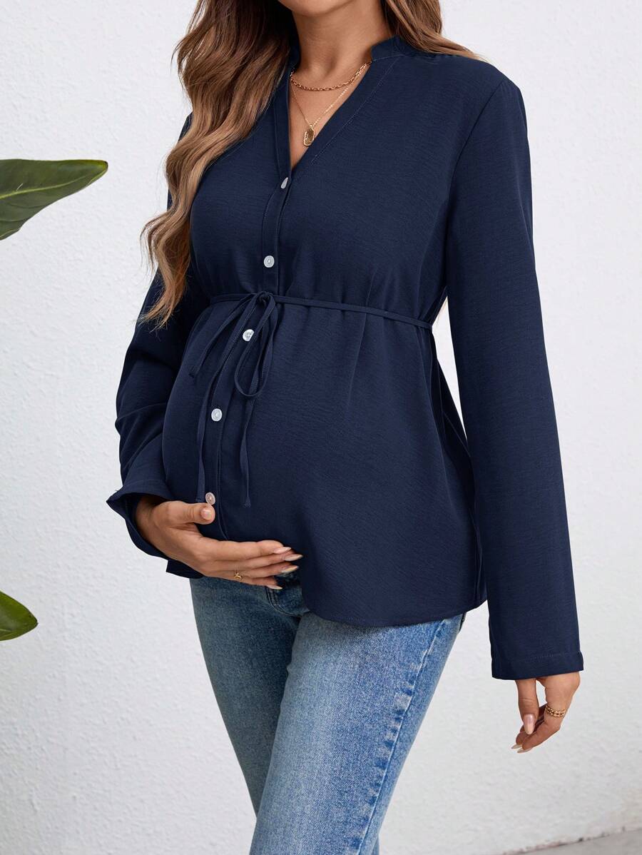 Army Green Button Down Maternity Shirt with Belted Waist, Long Sleeve Notched Neck Loose Fit Flared Hem Casual Woven Blouse