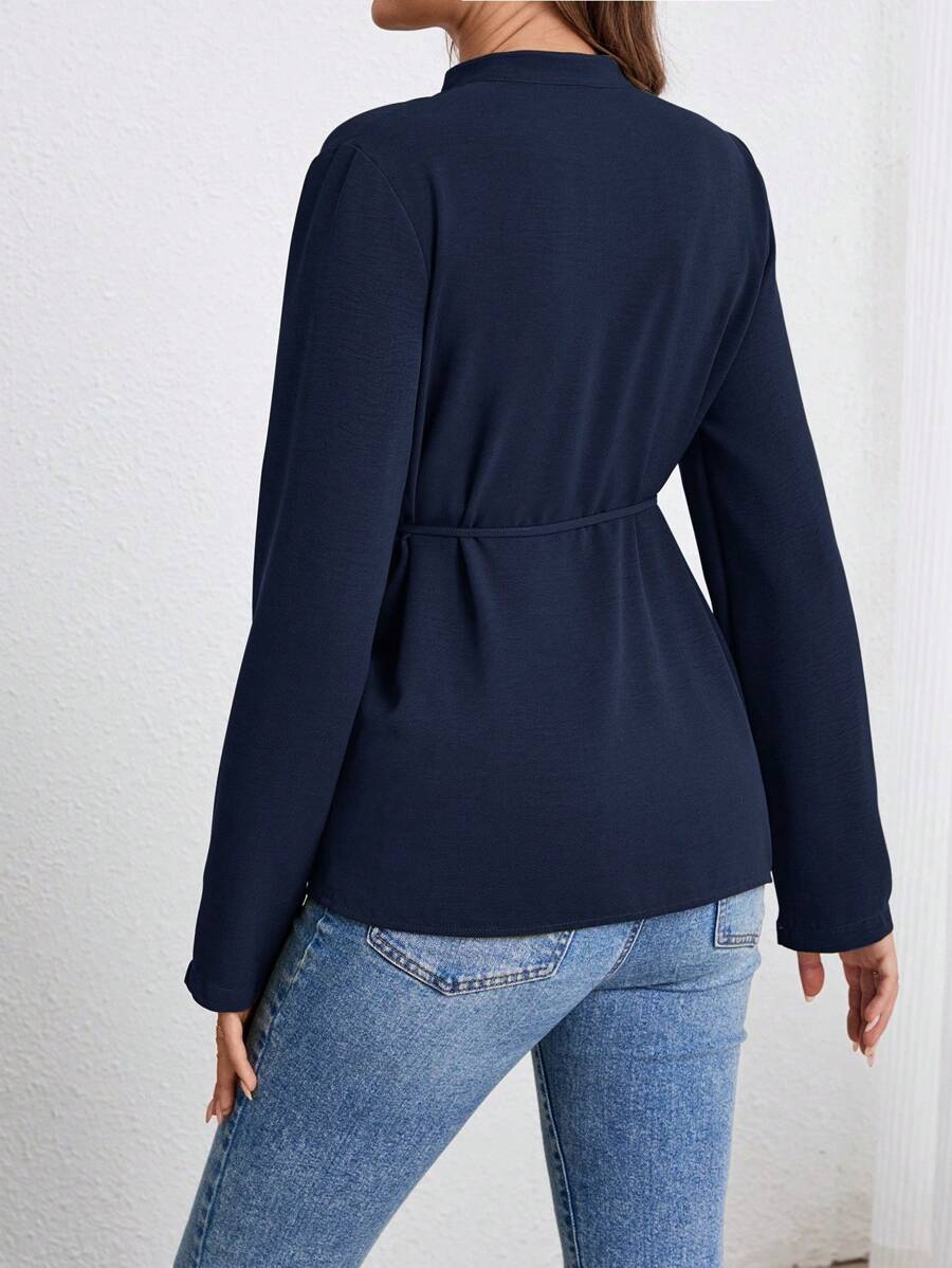 Army Green Button Down Maternity Shirt with Belted Waist, Long Sleeve Notched Neck Loose Fit Flared Hem Casual Woven Blouse