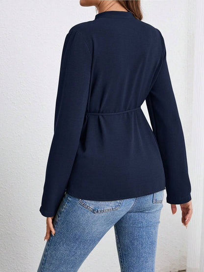 Army Green Button Down Maternity Shirt with Belted Waist, Long Sleeve Notched Neck Loose Fit Flared Hem Casual Woven Blouse
