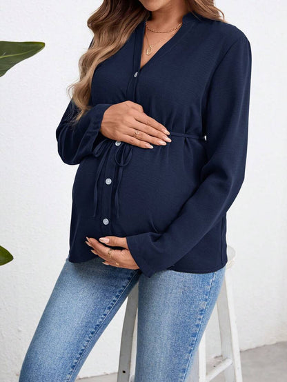 Army Green Button Down Maternity Shirt with Belted Waist, Long Sleeve Notched Neck Loose Fit Flared Hem Casual Woven Blouse