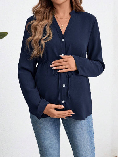 Army Green Button Down Maternity Shirt with Belted Waist, Long Sleeve Notched Neck Loose Fit Flared Hem Casual Woven Blouse