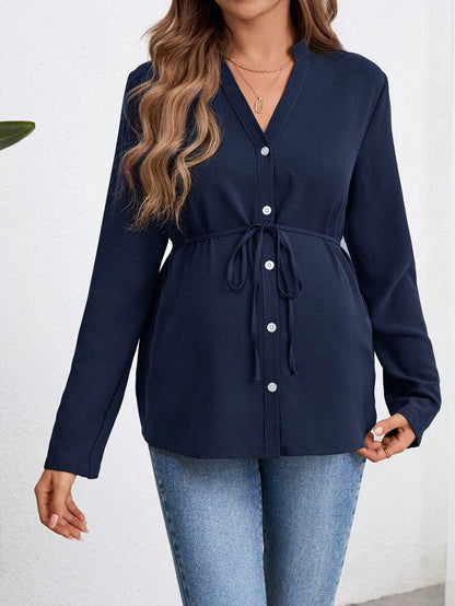 Army Green Button Down Maternity Shirt with Belted Waist, Long Sleeve Notched Neck Loose Fit Flared Hem Casual Woven Blouse