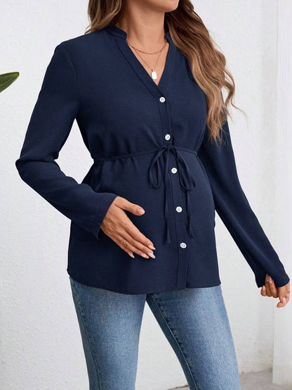 Army Green Button Down Maternity Shirt with Belted Waist, Long Sleeve Notched Neck Loose Fit Flared Hem Casual Woven Blouse