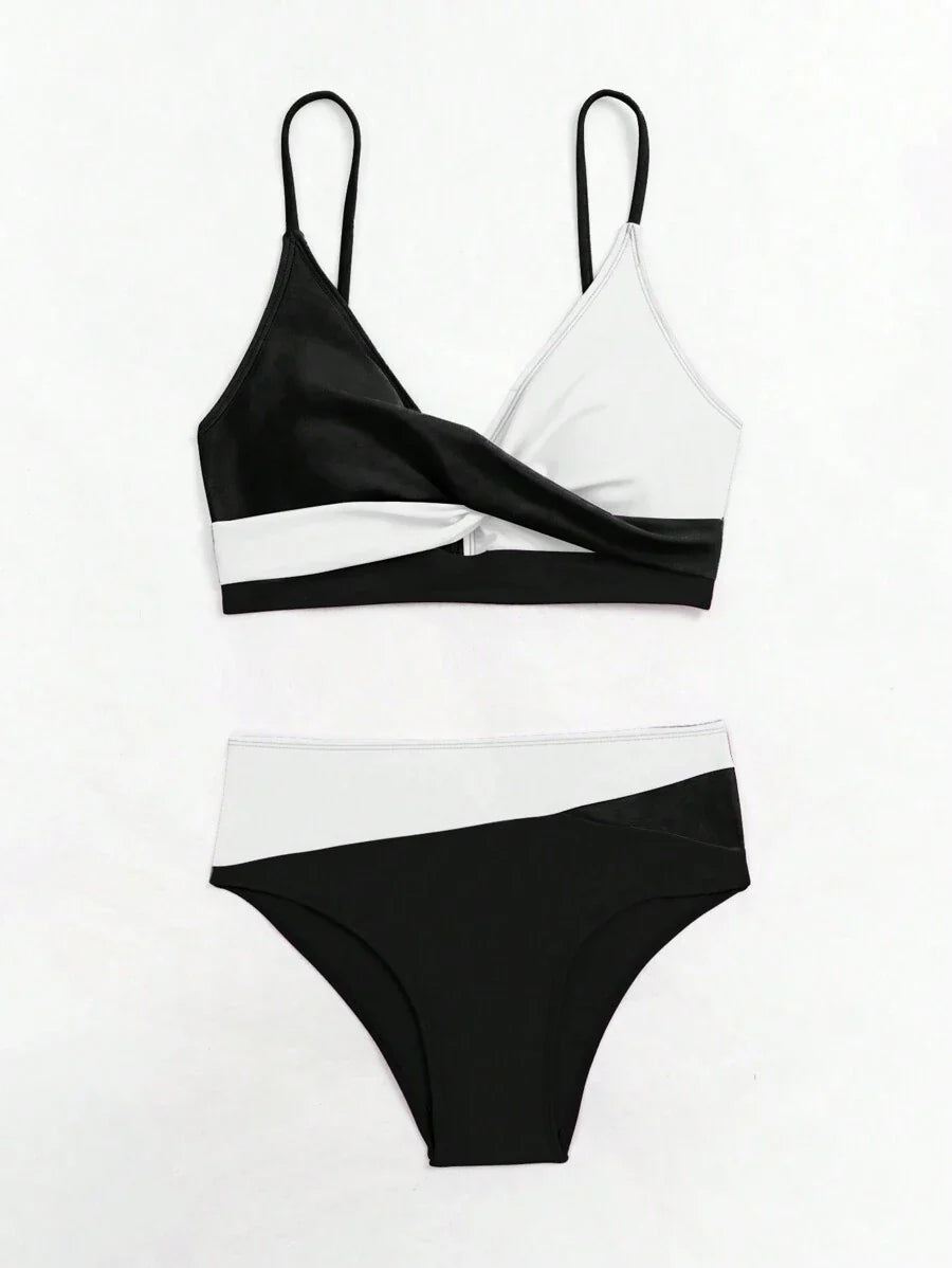 Women's 2-Piece Color-Block Bikini Set - Spaghetti Strap, Criss Cross, High Waist, Multicolor