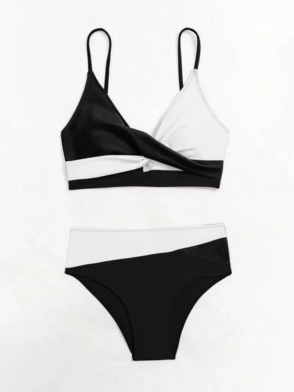 Women's 2-Piece Color-Block Bikini Set - Spaghetti Strap, Criss Cross, High Waist, Multicolor