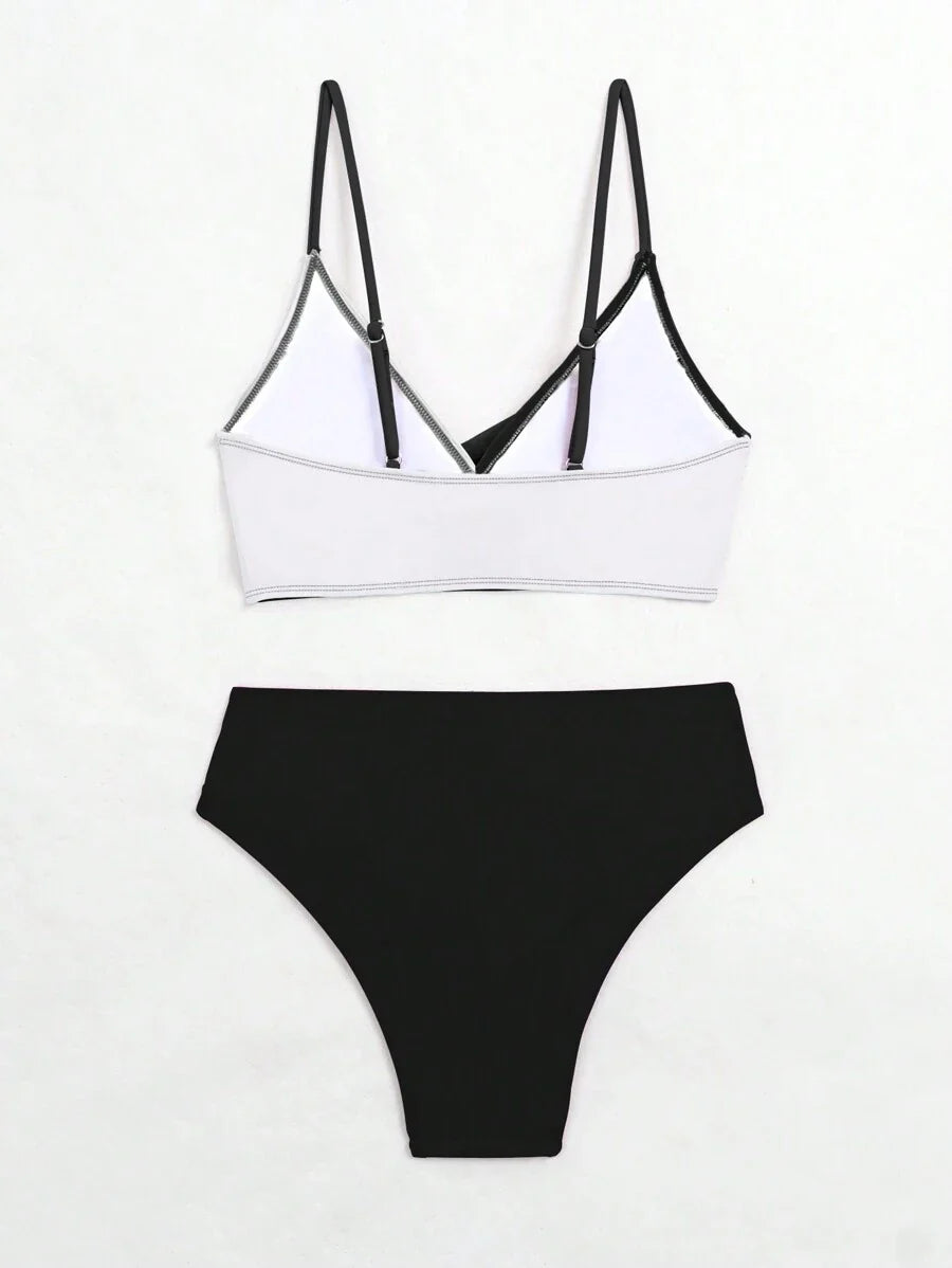 Women's 2-Piece Color-Block Bikini Set - Spaghetti Strap, Criss Cross, High Waist, Multicolor
