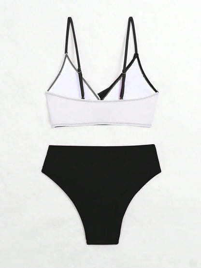 Women's 2-Piece Color-Block Bikini Set - Spaghetti Strap, Criss Cross, High Waist, Multicolor