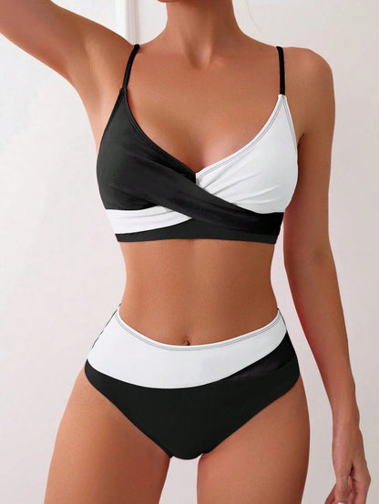 Women's 2-Piece Color-Block Bikini Set - Spaghetti Strap, Criss Cross, High Waist, Multicolor