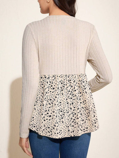 Maternity Color Block Long Sleeve Nursing T-Shirt, Apricot Round Neck Flared Hem Pregnancy Top for Autumn Daily Wear