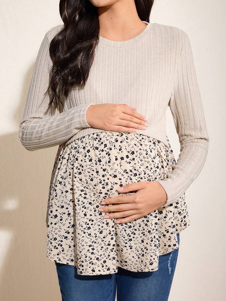Maternity Color Block Long Sleeve Nursing T-Shirt, Apricot Round Neck Flared Hem Pregnancy Top for Autumn Daily Wear
