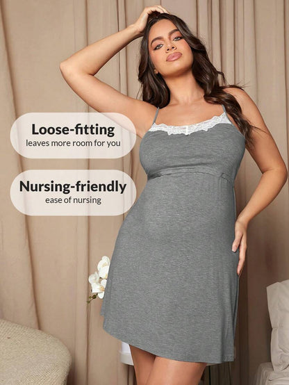 Maternity Lace Trim Nursing Cami Dress - Soft Stretch Pregnancy Breastfeeding, Daily Wear