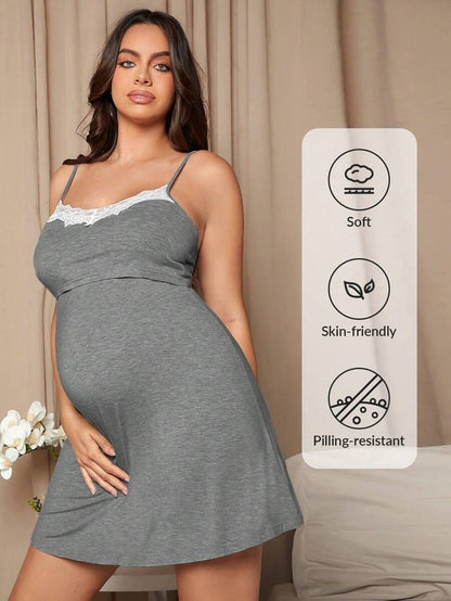 Maternity Lace Trim Nursing Cami Dress - Soft Stretch Pregnancy Breastfeeding, Daily Wear