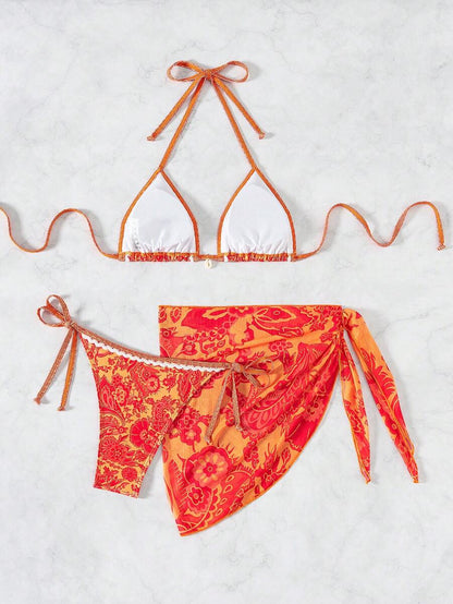 Swim Vcay Women Summer Vacation Floral Print Halter Bikini Set With Coverup & Skirt 3-Piece, Random Print