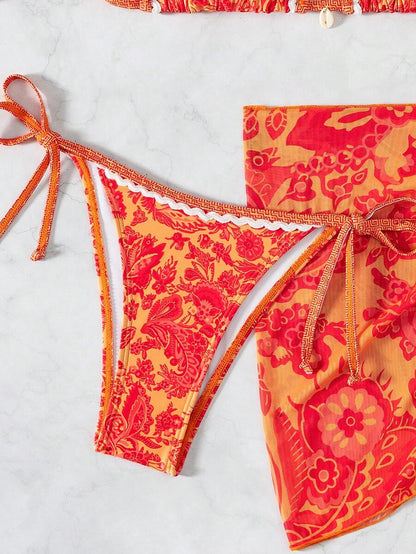 Swim Vcay Women Summer Vacation Floral Print Halter Bikini Set With Coverup & Skirt 3-Piece, Random Print
