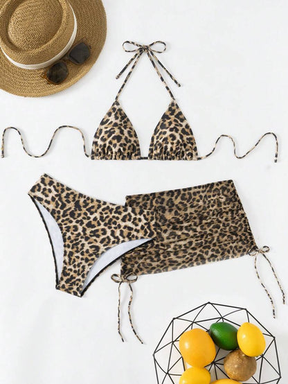 Women's 3-Piece Leopard Print Bikini Set - Halter Triangle Cup, Mesh Skirt, Tie Side, Multicolor
