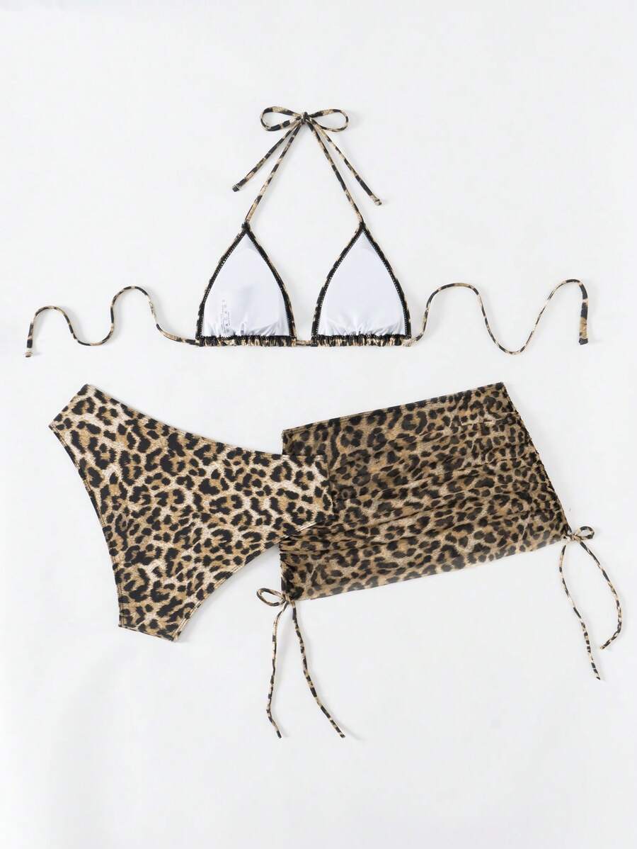 Women's 3-Piece Leopard Print Bikini Set - Halter Triangle Cup, Mesh Skirt, Tie Side, Multicolor