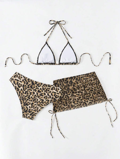 Women's 3-Piece Leopard Print Bikini Set - Halter Triangle Cup, Mesh Skirt, Tie Side, Multicolor