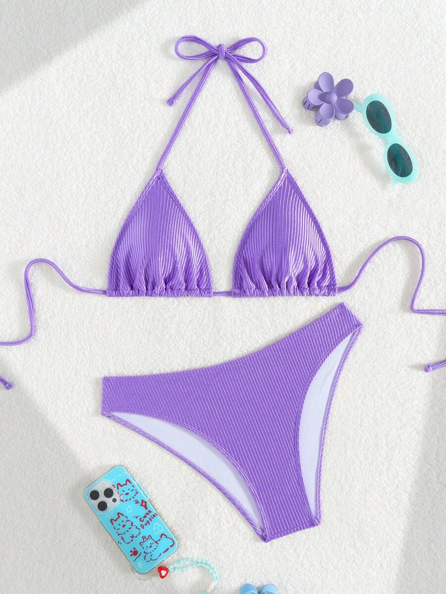 Swim Vcay Women's Summer New Contrast Color Striped Sexy Halter Triangle Cup Bikini Set