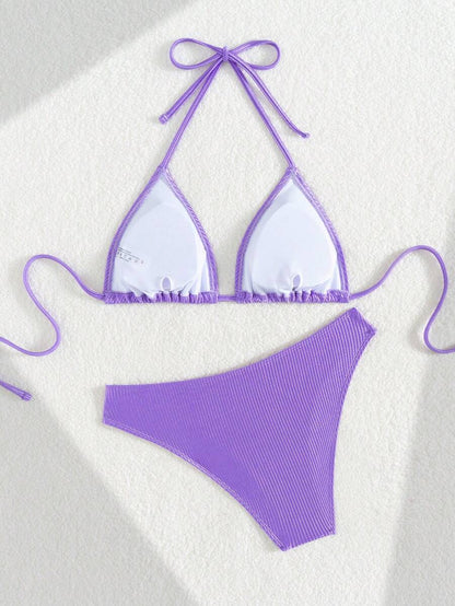 Swim Mod Women's Pink Polka Dot Print Halter Neck Low Waist Triangle Bikini Set, Summer Sexy Spring