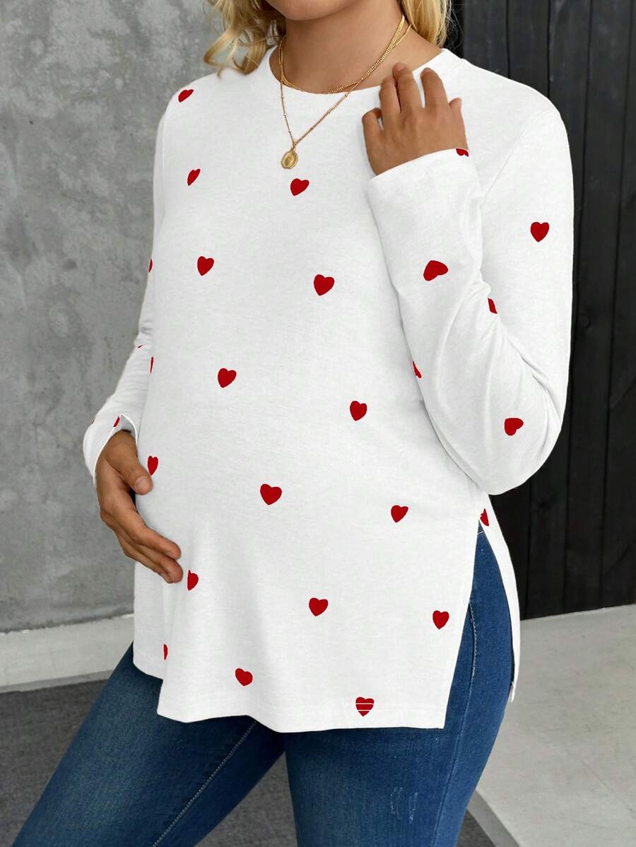 Maternity Heart Print Long Sleeve T-Shirt Apricot Round Neck Side Split Hem Casual Pregnancy Top for Valentine's Day