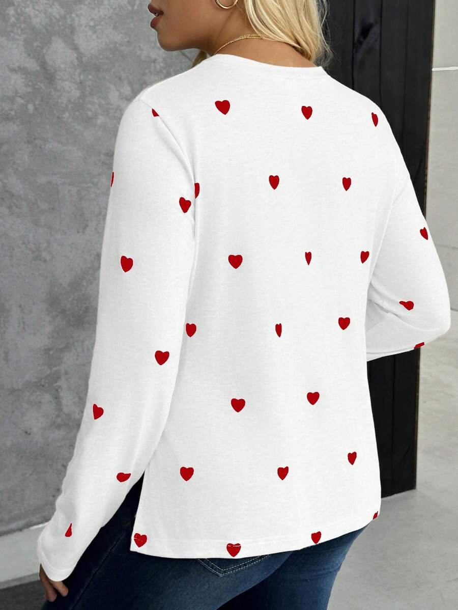 Maternity Heart Print Long Sleeve T-Shirt Apricot Round Neck Side Split Hem Casual Pregnancy Top for Valentine's Day