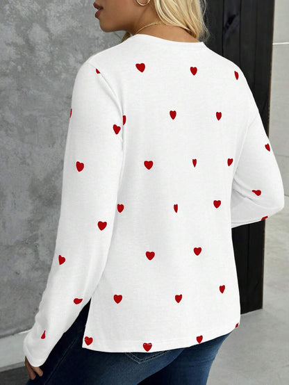 Maternity Heart Print Long Sleeve T-Shirt Apricot Round Neck Side Split Hem Casual Pregnancy Top for Valentine's Day