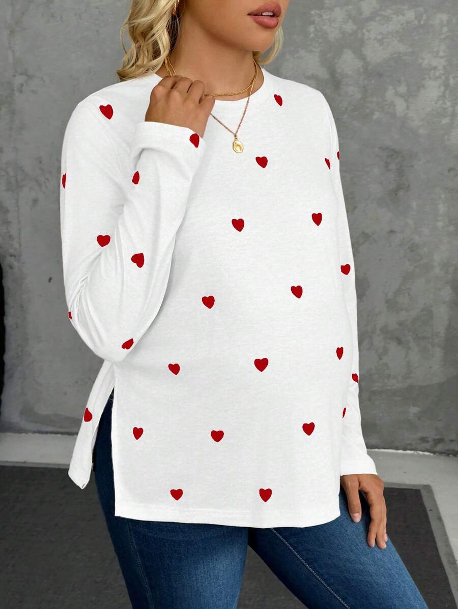 Maternity Heart Print Long Sleeve T-Shirt Apricot Round Neck Side Split Hem Casual Pregnancy Top for Valentine's Day