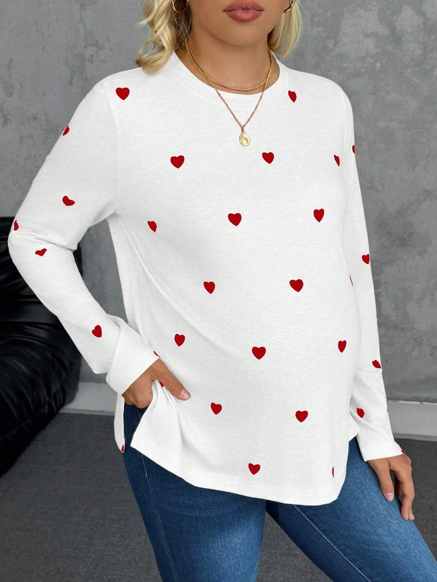 Maternity Heart Print Long Sleeve T-Shirt Apricot Round Neck Side Split Hem Casual Pregnancy Top for Valentine's Day