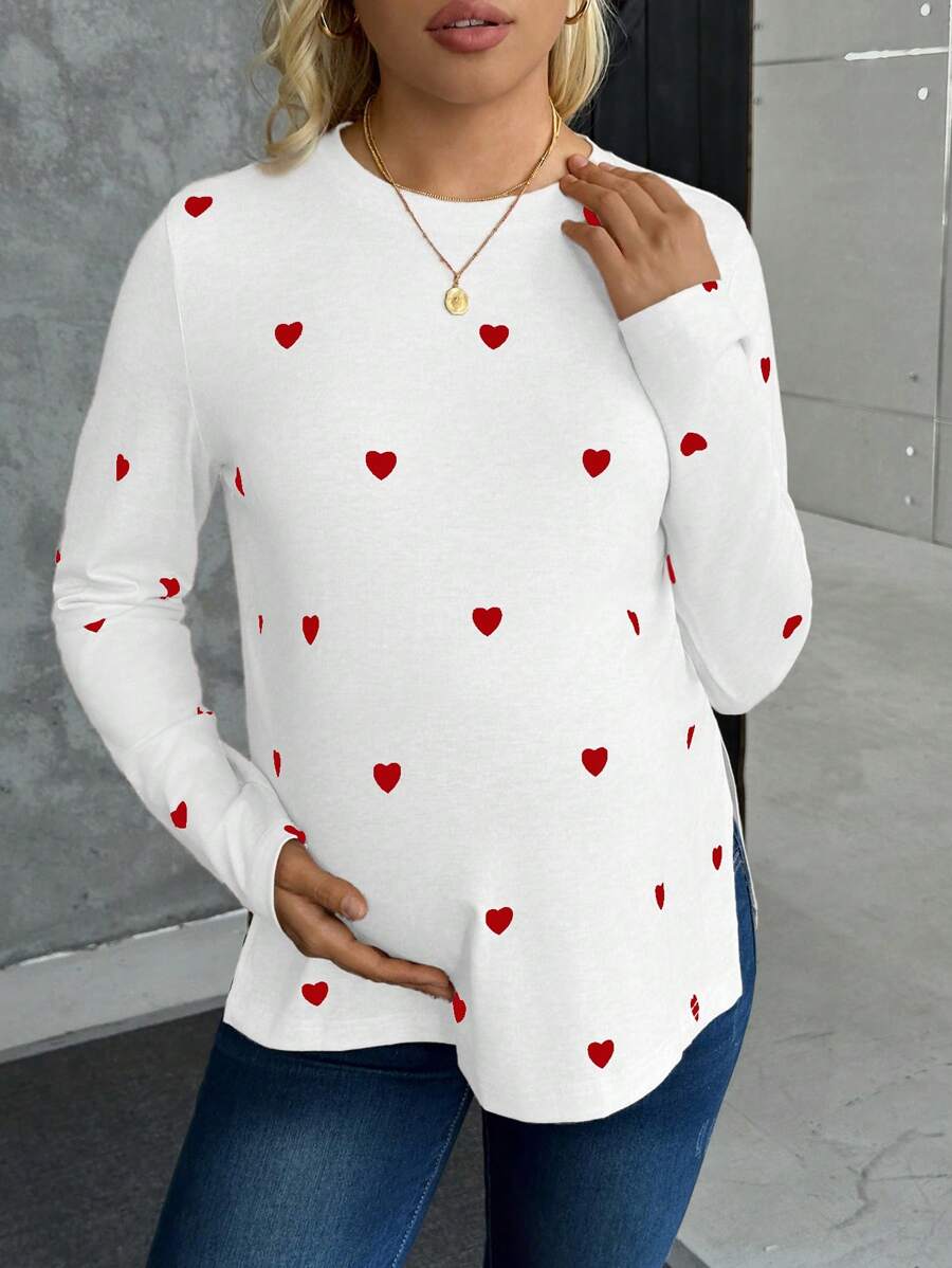 Maternity Heart Print Long Sleeve T-Shirt Apricot Round Neck Side Split Hem Casual Pregnancy Top for Valentine's Day