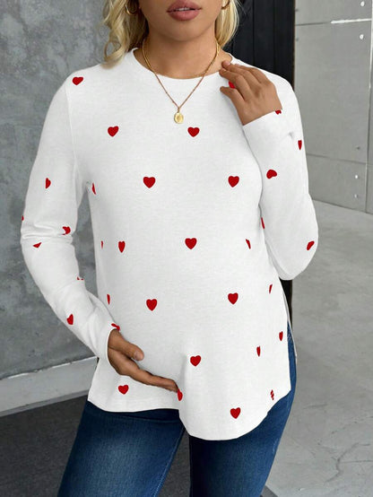 Maternity Heart Print Long Sleeve T-Shirt Apricot Round Neck Side Split Hem Casual Pregnancy Top for Valentine's Day