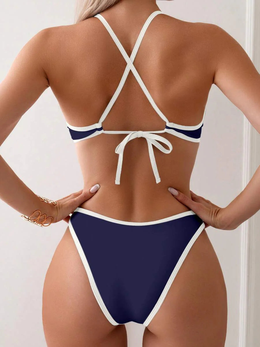 Women's Sporty Triangle Bikini Set - Contrasting Trim, Criss Cross, Spaghetti Strap, Navy Blue
