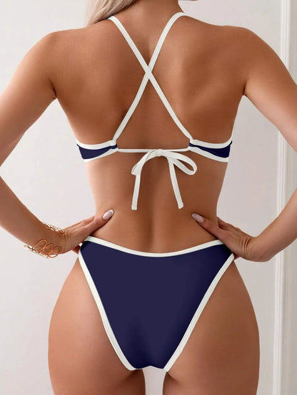 Swim Vcay Summer Beach Women Vacation Color-Block Halter Strap Bikini Set With Separated Bikini Set