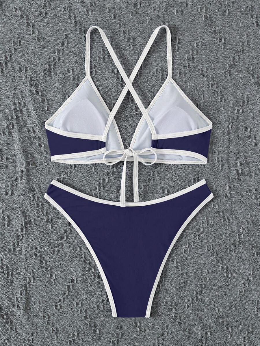 Women's Sporty Triangle Bikini Set - Contrasting Trim, Criss Cross, Spaghetti Strap, Navy Blue