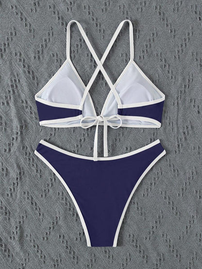 Women's Sporty Triangle Bikini Set - Contrasting Trim, Criss Cross, Spaghetti Strap, Navy Blue