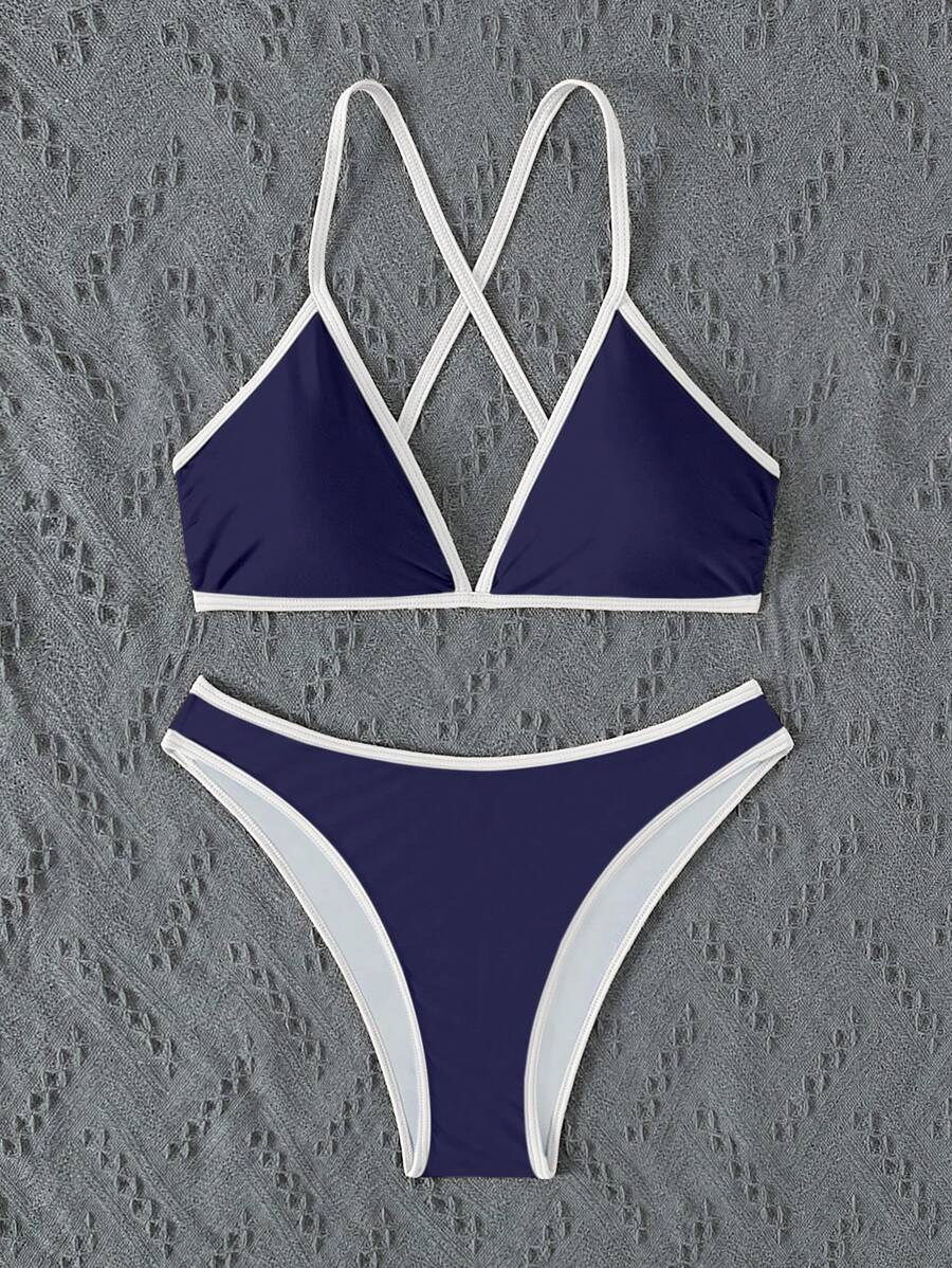 Women's Sporty Triangle Bikini Set - Contrasting Trim, Criss Cross, Spaghetti Strap, Navy Blue