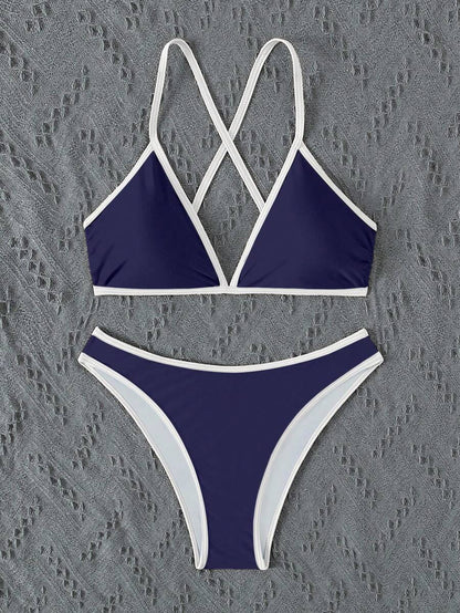 Women's Sporty Triangle Bikini Set - Contrasting Trim, Criss Cross, Spaghetti Strap, Navy Blue