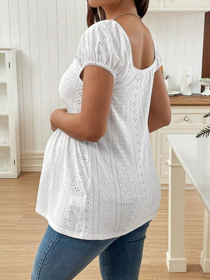 Maternity Square Neck Top - Puff Long Sleeve, Flared Hem, Regular Fit, Red