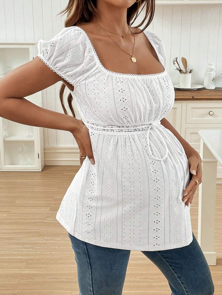 Green Square Neck Puff Sleeve Maternity Top - Elegant Ruched Textured Jacquard Flared Hem Long Sleeve Pregnancy T-Shirt