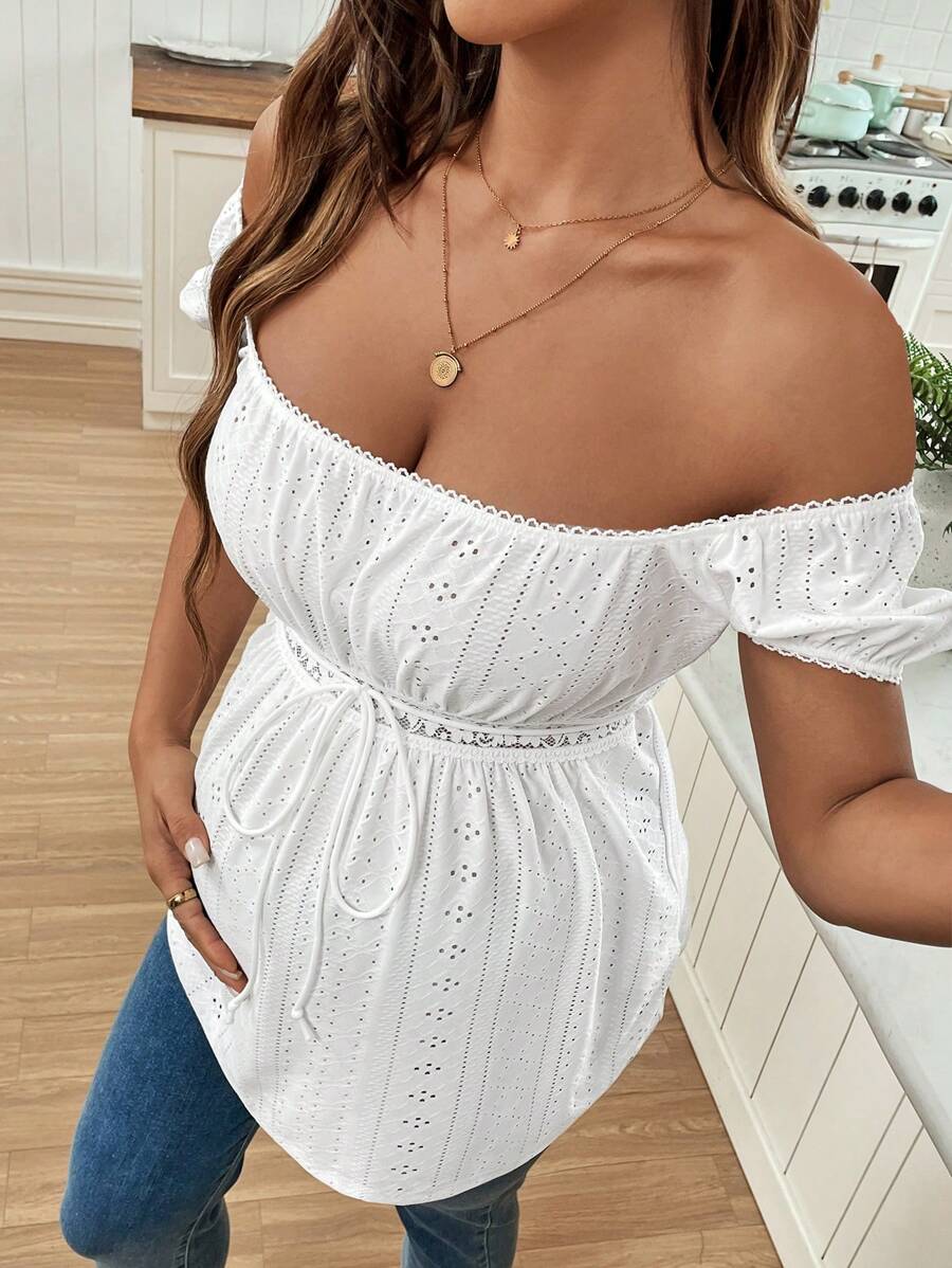 Green Square Neck Puff Sleeve Maternity Top - Elegant Ruched Textured Jacquard Flared Hem Long Sleeve Pregnancy T-Shirt