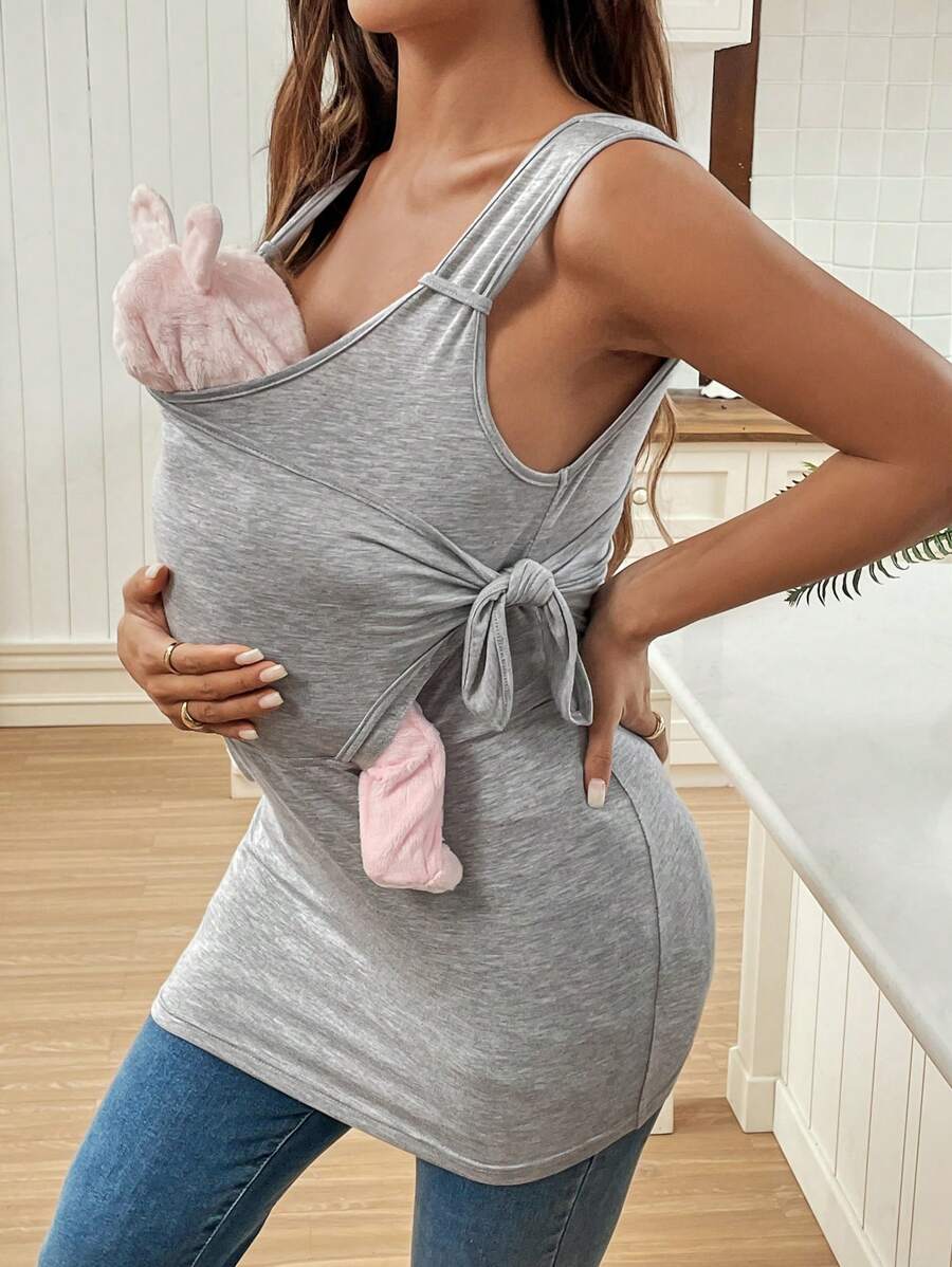 Light Grey Asymmetrical Wrap V Neck Nursing Tank Top Slim Fit Long Ribbed Knit Maternity Sleeveless Top for Pregnancy