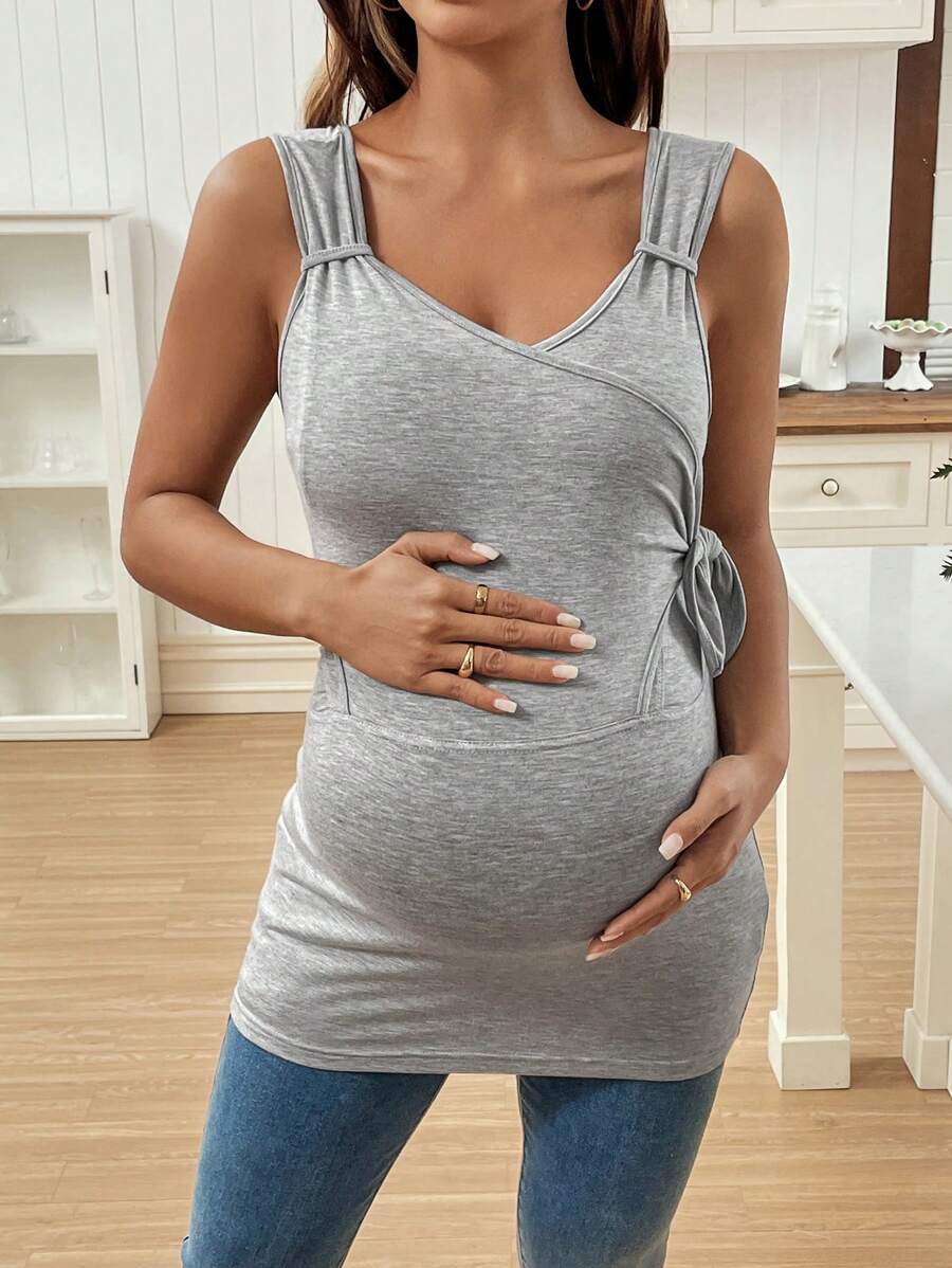 Light Grey Asymmetrical Wrap V Neck Nursing Tank Top Slim Fit Long Ribbed Knit Maternity Sleeveless Top for Pregnancy