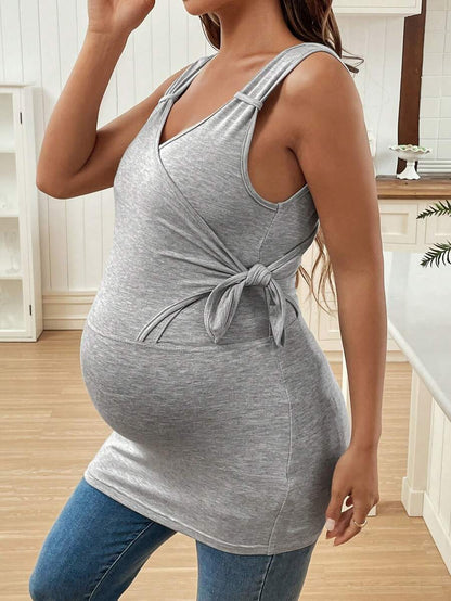 Light Grey Asymmetrical Wrap V Neck Nursing Tank Top Slim Fit Long Ribbed Knit Maternity Sleeveless Top for Pregnancy