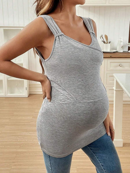 Light Grey Asymmetrical Wrap V Neck Nursing Tank Top Slim Fit Long Ribbed Knit Maternity Sleeveless Top for Pregnancy