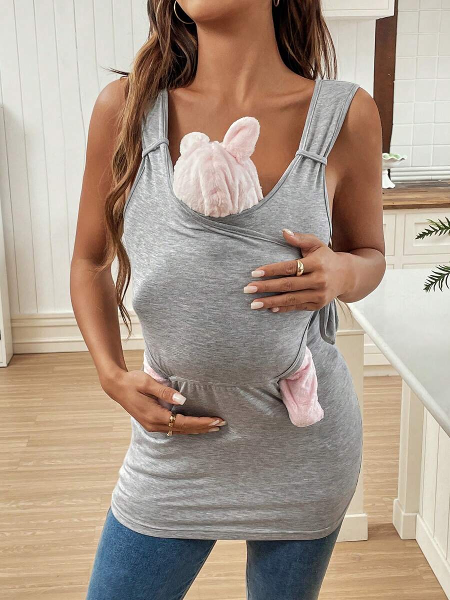 Light Grey Asymmetrical Wrap V Neck Nursing Tank Top Slim Fit Long Ribbed Knit Maternity Sleeveless Top for Pregnancy