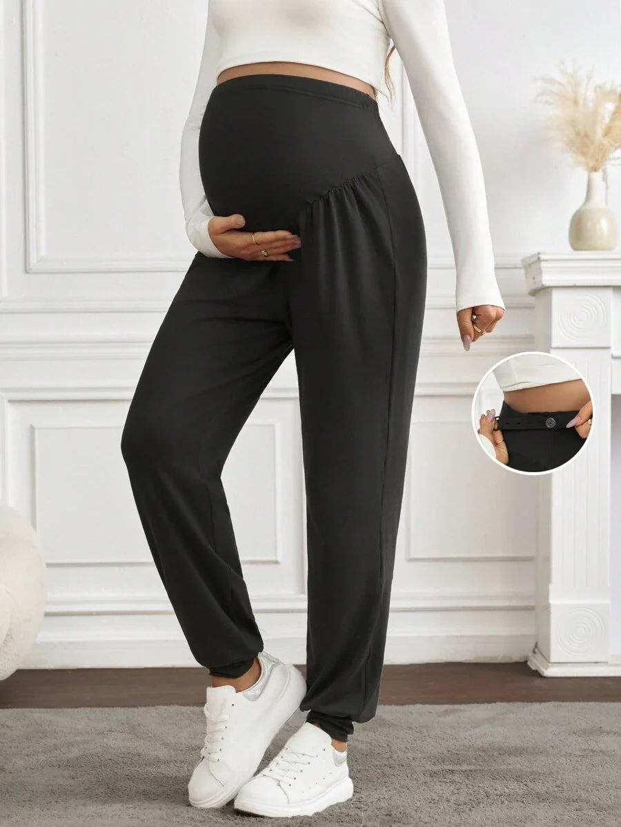 Black Pleated Maternity Harem Pants Loose Fit Elastic Waist Casual Knit Lounge Trousers for Pregnant Women Spring Fall