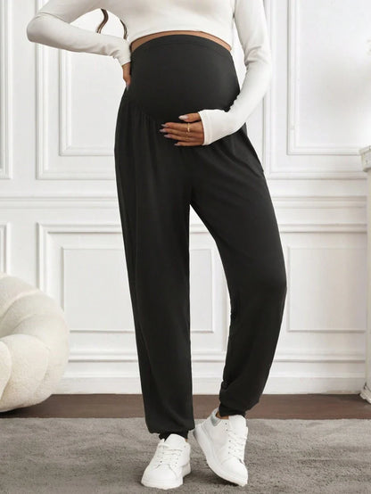 Black Pleated Maternity Harem Pants Loose Fit Elastic Waist Casual Knit Lounge Trousers for Pregnant Women Spring Fall