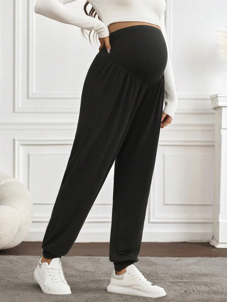 Black Pleated Maternity Harem Pants Loose Fit Elastic Waist Casual Knit Lounge Trousers for Pregnant Women Spring Fall