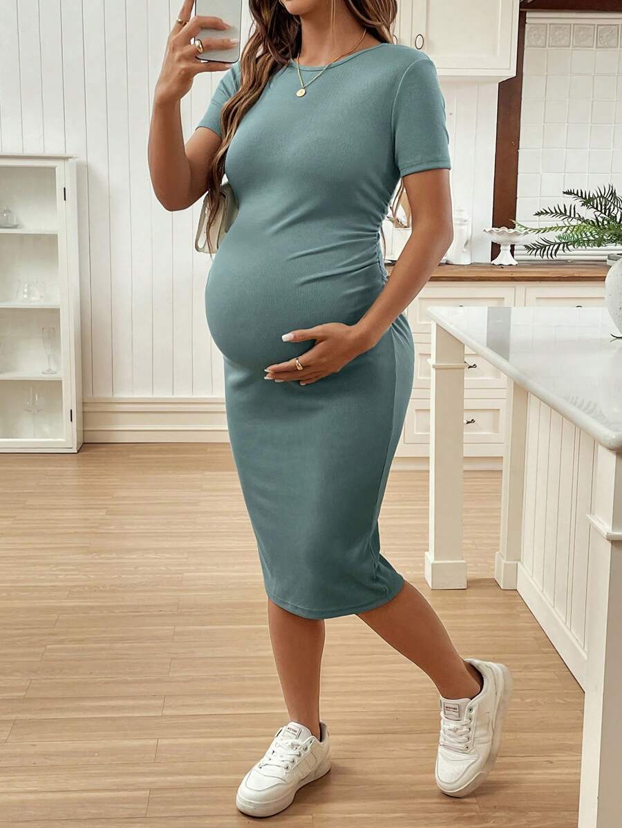 Maternity Short Sleeve Crew Neck Ruched Bodycon Dress Slim Fit Knee Length Solid Color Casual Streetwear Maternity T-Shirt Dress